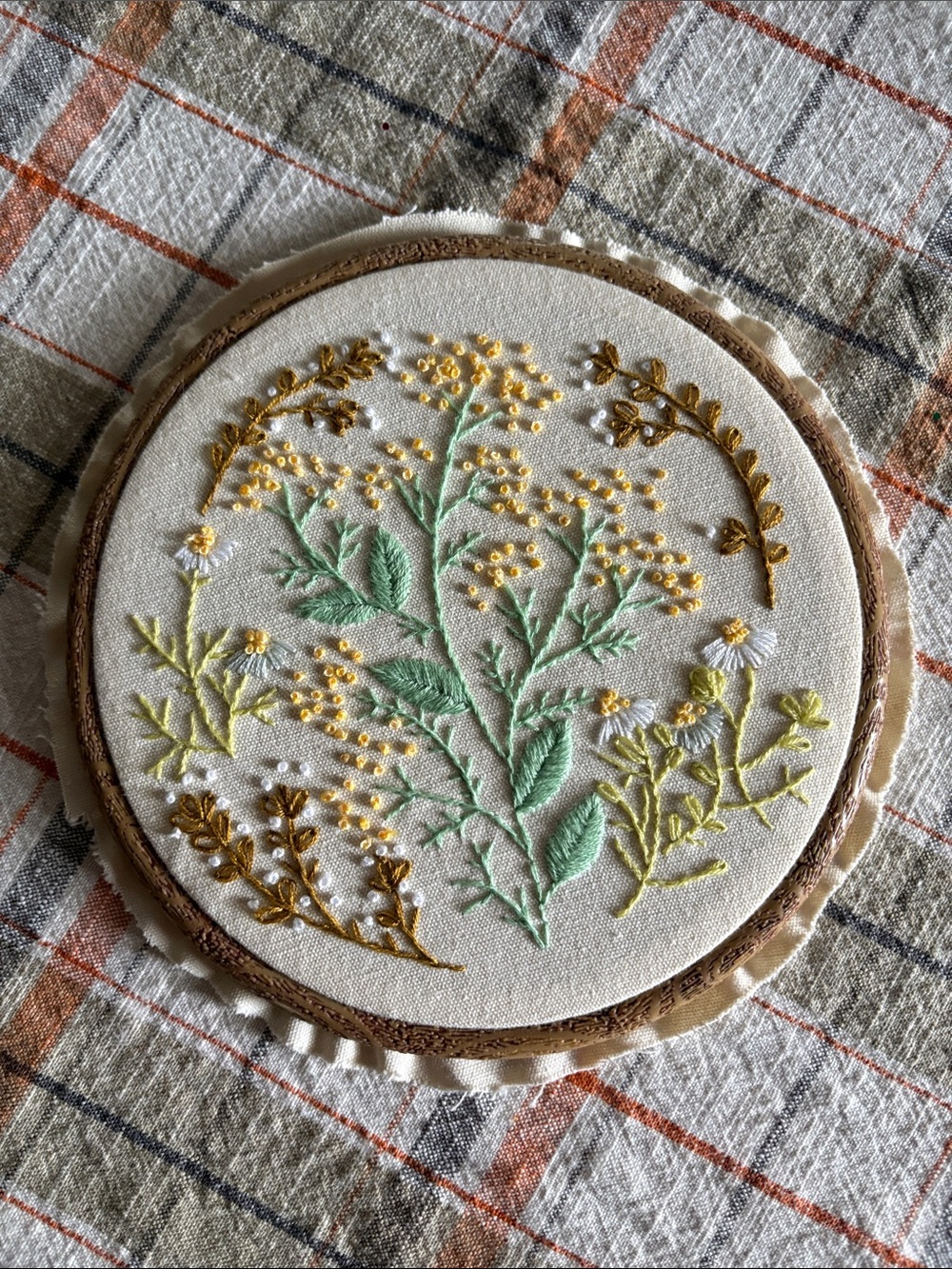Hand-Embroidered Floral Hoop in Yellow and Green by